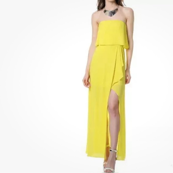 Bcbgmaxazria Felicity Chartreuse Yellow Chiffon Asymmetric Gown Maxi Dress Sz 2